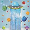 Simgoing Alien Birthday Party Decorations Golden Blue Door Curtain with Foil Fringe Tinsel Spacecraft Flying Saucer Spaceship Hanging Banner Planet Card for Alien Halloween Party
