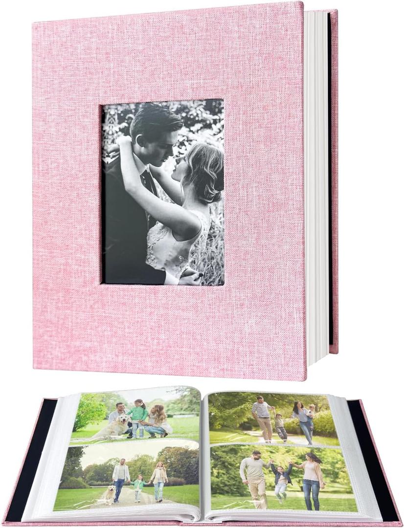 200-Pocket Photo Album 4x6 - Slip-In Picture Album with Linen Cover & Display Window, Vertical Photo Book for Wedding, Family, Baby, Anniversary & Vacation Memories (Holds 200 Photos) (Pink)