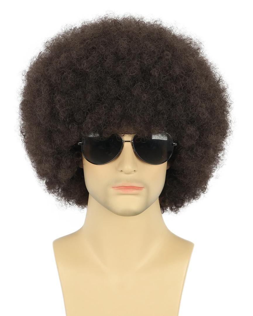 karlery Adult Men Women Afro 70s 80s Curly Dark Brown Wig Rocker Party Wig California Halloween Costume Wig