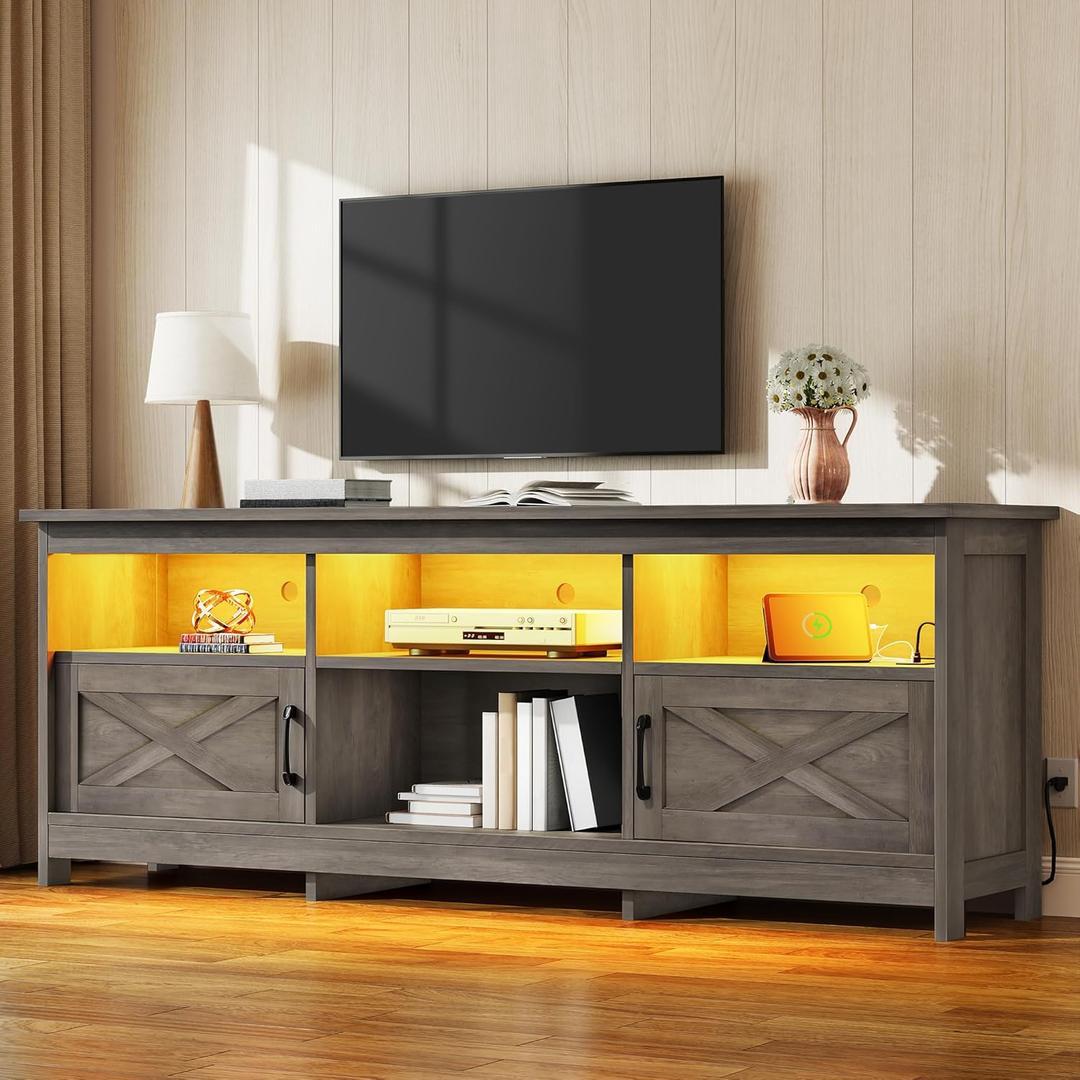 YITAHOME TV Stand for 80/75/70 Inch TVs, Farmhouse Entertainment Center with LED Lights & Storage Cabinets, Open Shelves & Adjustable Shelf, TV Consoles for Living Room, Washed Gray