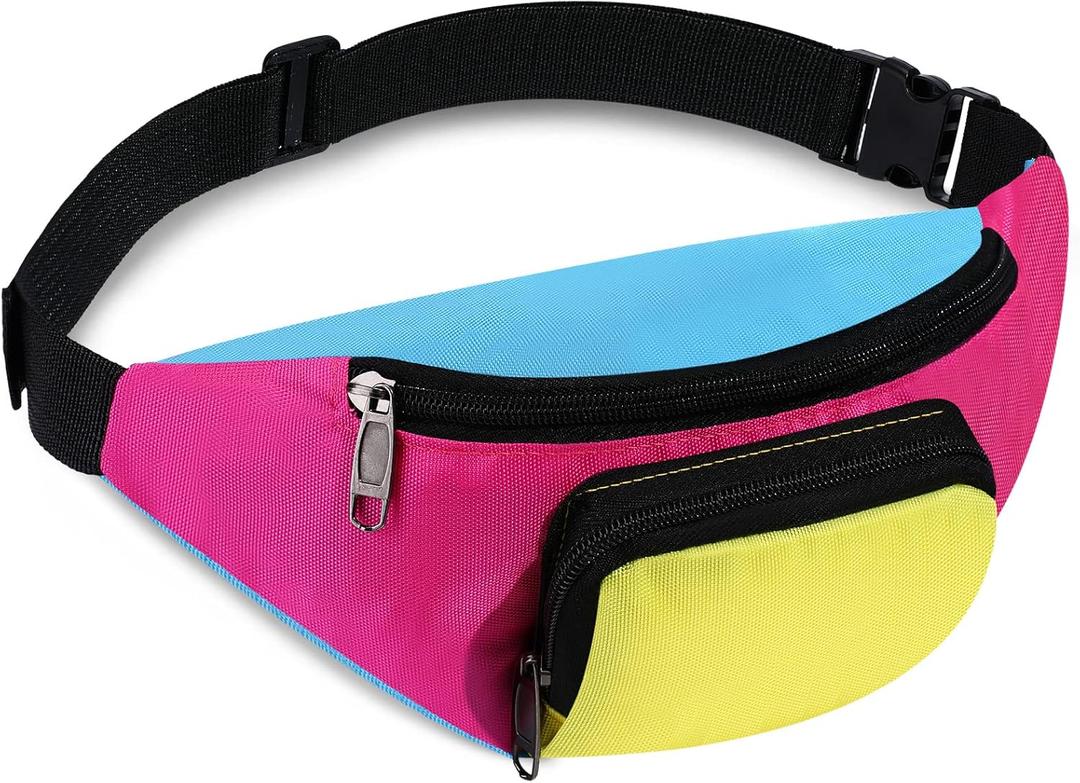 Xuniea 80s Retro Neon Fanny Pack 2 Pockets Belt Bags 90s Costumes for Women Men Waist Packs for Holiday Festival 80s Theme Halloween Party(Pink Bottom)