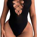 SHENHE Women's Cut Out Criss Cross Deep V Sleeveless Sexy Plunge Neck Bodysuit Clubwear (Black)