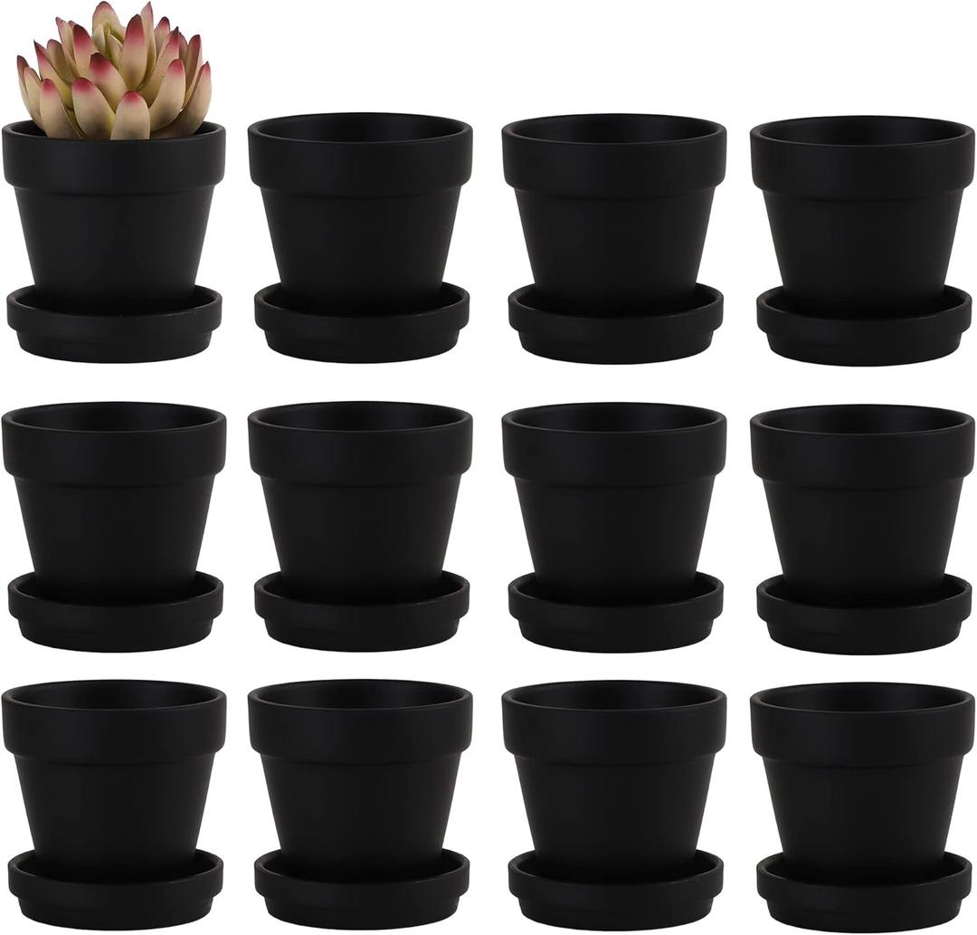 Fcacti 3 Inches Small Black Terracotta Pots with Saucer, 12 Pack 3" Terra Cotta Planter with Drainage Holes, Small Clay Flower Pots for Plants, Succulents, Crafts, Wedding Favor
