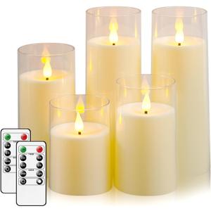 Fo32won Ivory White LED Flameless Pillar Candles Battery Operated with Remote and Timer, Pack of 5 (D 3"H 4" 5" 6" 8" 8") Decorative Plexiglass Flickering Candles with 3D Flame (Two Batteries Operated)
