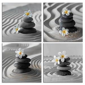 NAN Wind 4 Piece Frangipani Flowers Wall Art Zen Pebble Stone and Sand Giclee Print Framed Artwork Zen Canvas Prints Calm Peaceful Still Life Floral Picture Modern Meditation Spa Room Wall Decor