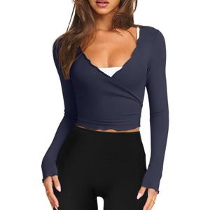 LASLULU Womens Tie Front Wrap Tops Long Sleeve Bolero Shrugs Crop Cardigan Yoga Ballet Cover up Tops Pilates Outfits (Blue, S)
