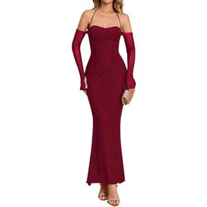 Elegant Off Shoulder Bodycon Maxi Dress Long Sleeve Mesh Formal Dress for Women Wedding Guest Party Club Cocktail Evening Gowns Wine (M)