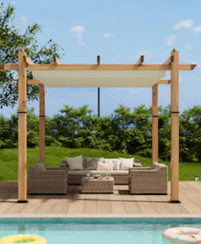 Garvee 10x10 Retractable Pergola Aluminum Outdoor Pergola with Faux Wood Finish Retractable Canopy for Patio or Deck or Garden or Beach or Pavilion Wood and Beige