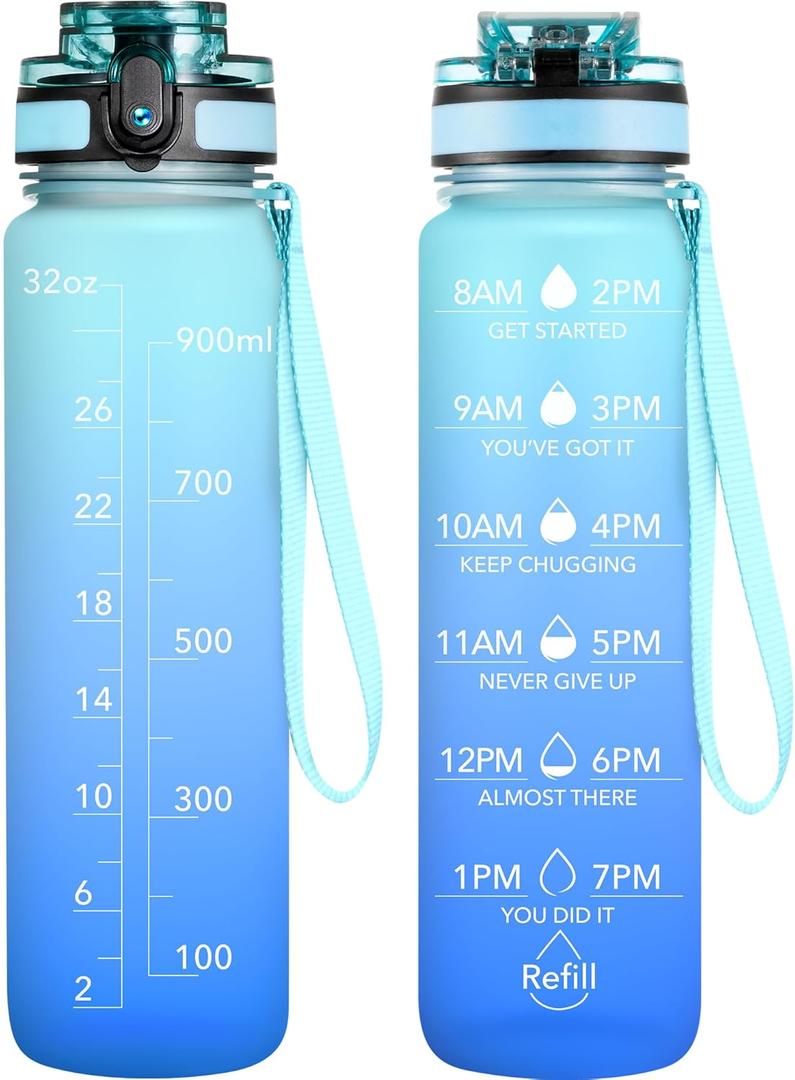 OLDLEY Water Bottle, 32oz Motivational Sports Water Bottle with Time Marker - Times to Drink - Tritan, BPA Free, Wide Mouth Leakproof, Anniversary Birthday Gifts for Men Women, Sky (1 Bottle)