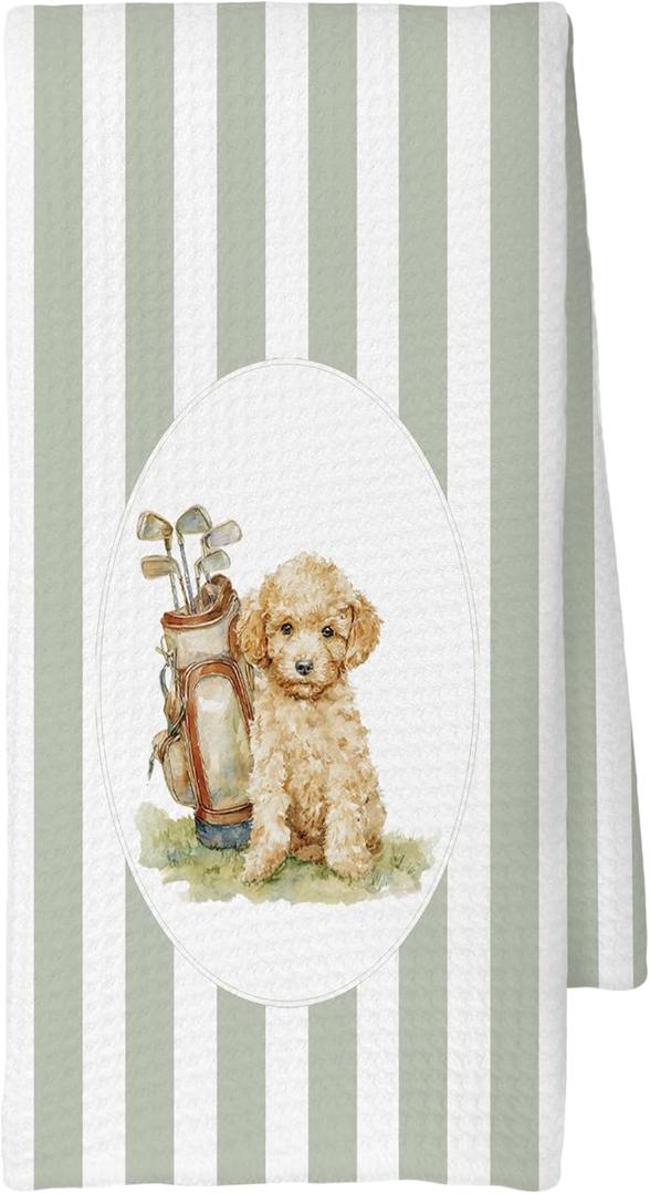 Poodle Golf Kitchen Towels, Poodle Gifts for Women, Golfer Gifts for Women, Sage Green Striped Golfing Dog Decoration Tea Towels Kitchen Hand Towels 16x24 Inch for Kitchen Bathroom Decor