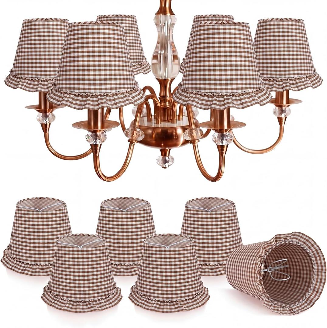 Gerrii 6 Pack Ruffle Gingham Lamp Shades Set 6'' x 5.1'' Chandelier Lamp Shade Farmhouse Rustic Gingham Clip Chandelier Light Cover for Home Decor Candelabra Bulbs(Brown)