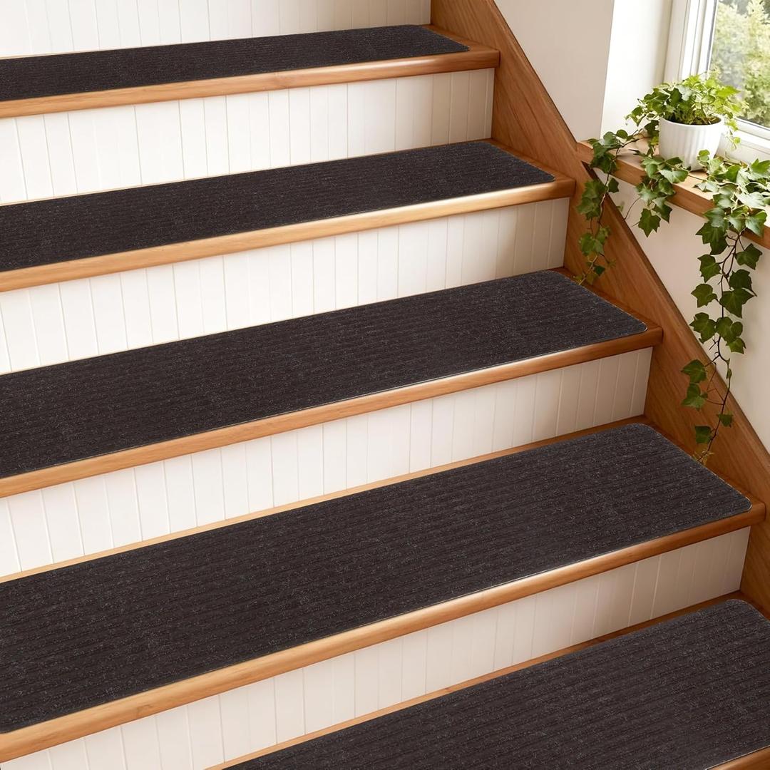Extra Wide Non Slip Stair Treads for Wooden Steps 15 Pack 9" x36'' Extra Wide Carpet Runners with Reusable Adhesive, Step Pads for Dogs, Kids, Seniors, Machine Washable  Brown
