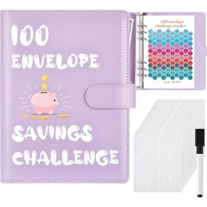 100 Envelopes Money Saving Challenge, Money Saving Binder, Savings Challenges Book With Envelopes, Cash Envelope Budget Binder Savings Book, 100 Day Savings $5050 Challenge Binder (Purple)