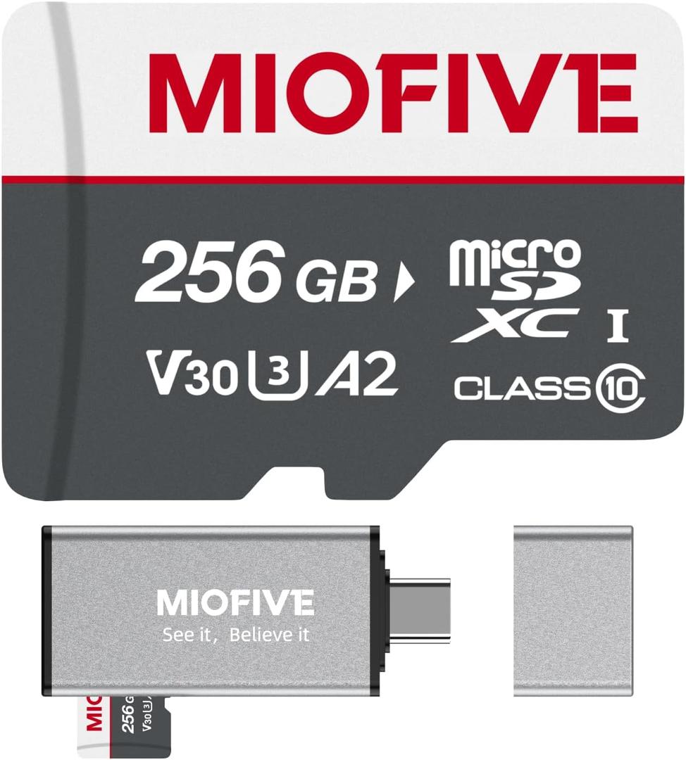 Miofive Memory Card - Ultimate Micro SD Card with USB 3.0 Type-C Card Reader 170MB/s, C10, U3, A2, V30, 4K for Dash Cams, Android Smartphones, Tablets, and Gaming Devices (256GB)