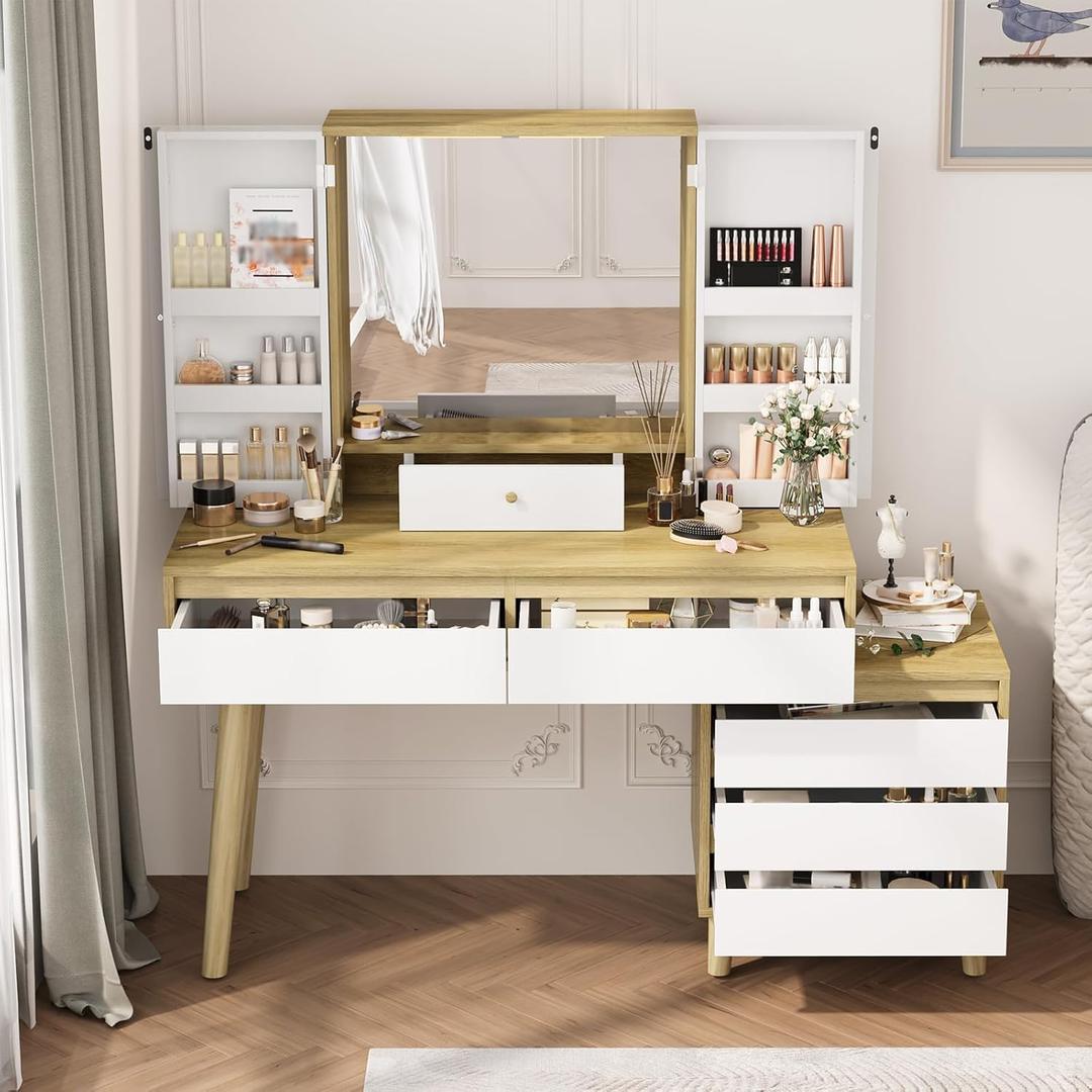 Makeup Vanity Dressing Table with Mirror, Vanity Desk 3 Color Lighting Modes and 6 Storage Drawers, Brightness Adjustable Farmhouse Vanity Desk for Bedroom, Natural White