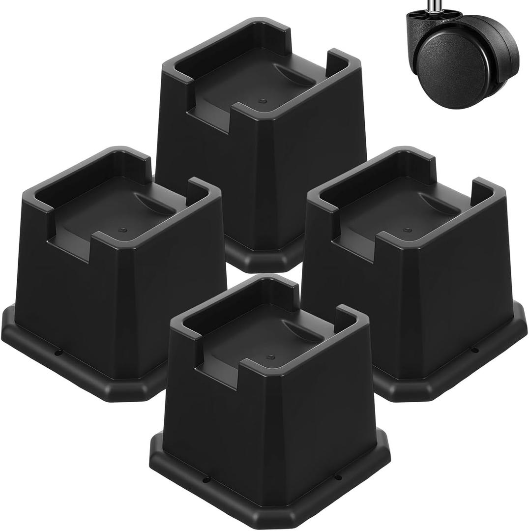 4 Pack Bed Risers 3 Inch Heavy Duty Bed Elevators Lifts Fits to Wheels of Furniture, Sofa, Table and Couch, Black