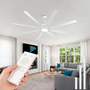 72 Inch Large Ceiling Fans with Lights and Remote Control, 6 Wind Speeds, LED Dimmable DC Reversible indoor/outdoor Ceiling Fans with 8 Blades for Living Rooms, Kitchen, Patio, White