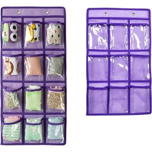 NIMES Hanging Closet Underwear Sock Jewelry Storage Over The Door Classroom Cell Phone Calculator Organizer Clear Pockets (PURPLE-12 & 9 POCKETS PACK)
