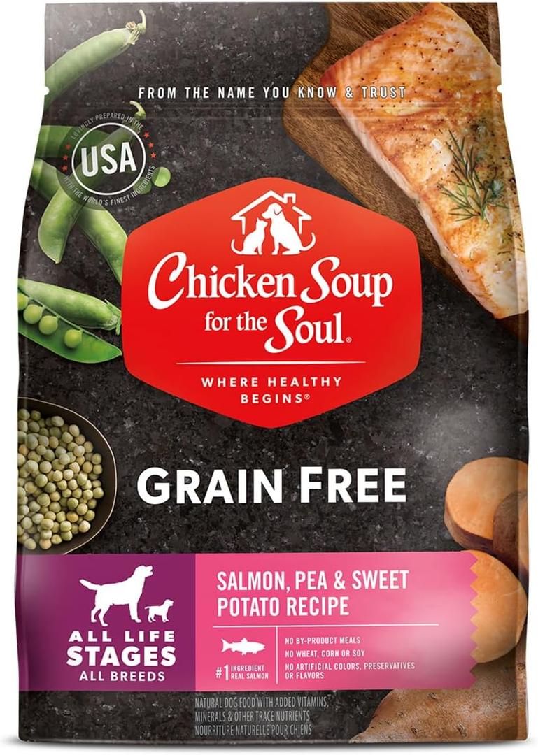 Chicken Soup for the Soul All Natural Premium Grain-Free All Life Stage Dry Dog Food, Real Meat First Ingredient, No By-Products, Added Taurine Supports Heart Health, Salmon, Pea & Sweet Potato, 22lb (25 Pound (Pack of 1)), Best Before 03/24/26