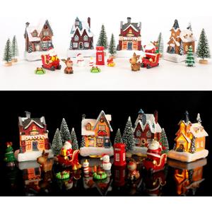 24Pcs Christmas Village Sets,Christmas Village Houses with LED Light, Christmas Town Scene Figurines Building Sets, Christmas Home Decor Collection Buildings