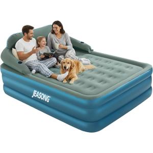 JEASONG Premium Queen Air Mattress with Built-in Rechargeable Pump and Detachable Headboard - 19 Inch Elevated Blow Up Mattress with Cup Holders,Portable Air Bed for Home & Camping Use