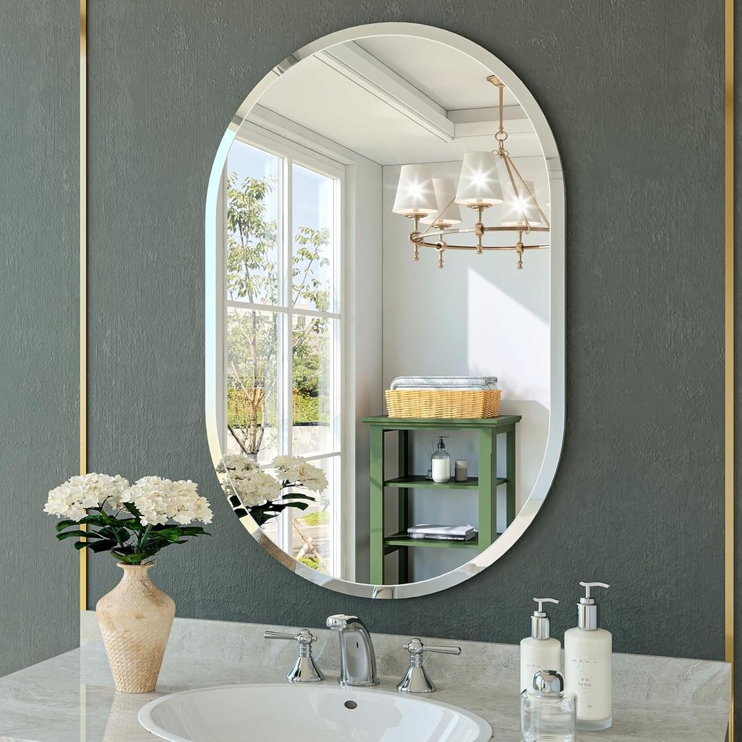 Frameless Oval Mirror, 20"x30" Beveled Oval Vanity Mirrors for Bathroom, Wall Mounted Mirror for Bedroom, Entryway, Living Room, Hangs Horizontally or Vertically