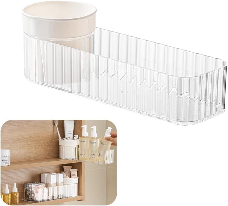 Medicine Cabinet Organizer, Stackable Narrow Makeup Organizer with Brush Holder, Mirror Cabinet Shelves for Kitchen, Bathroom Cabinet, Counter, Vanity (Transparent)