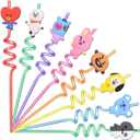 24 Straws with 2 Cleaning Brush 6 Designs Great for Birthday as Party Favors and Party Supplies