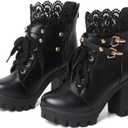 Goth Boots Chunky Heel Boot For Women Ankle Combat Booties Black Platform Bootie Buckle Rivets Punk Goth Shoes With Zipper (6.5)