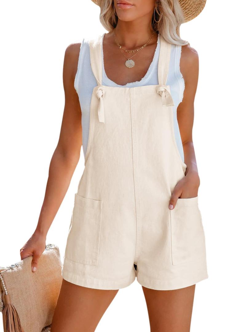 Aoudery Women's Summer Casual Sleeveless Rompers Loose Spaghetti Strap Cotton Shorts Overalls Jumpsuit with Pockets - Beige L (Beige, L)