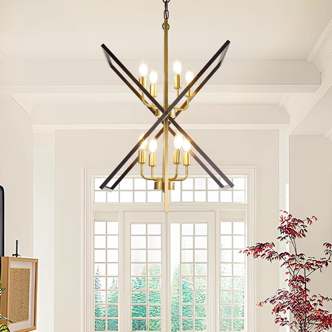 Black and Gold Chandelier, 8-Light Industrial Farmhouse Ceiling Pendant Light Fixtures, Modern Foyer Lighting Fixtures, Large Chandeliers for High Ceilings, Pendant Lights Kitchen Island for Entryway