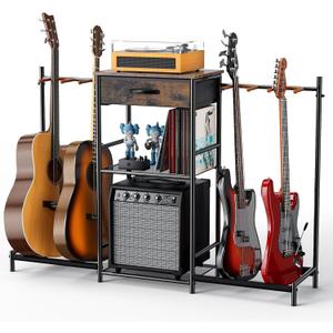 Guitar Stands Floor with 4 Guitar Holders, 3Tier Guitar Stand Multiple Guitars, Guitar Rack with Amp Stand & Cloth Drawer, Multi Guitar Stand for Music Studio, Guitar Accessories gift for Music Lover