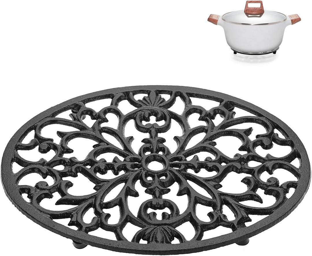 Sumnacon 1Pcs Oval Cast Iron Trivet - Antique Heat Resistant Metal Trivet for Hot Dish Pot Pan Teapot, Vintage Well Made Hot Plate Pad for Kitchen Dining Countertop Table (9.6 x 7.2 Inch, Black)