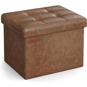 SONGMICS Small Folding Storage Ottoman, Foot Rest Stool, Cube Footrest, Synthetic Leather, 12.2 x 16.1 x 12.2 Inches, 286 lb Capacity, for Living Room, Bedroom, Dorm, Coffee Brown ULSF100K01