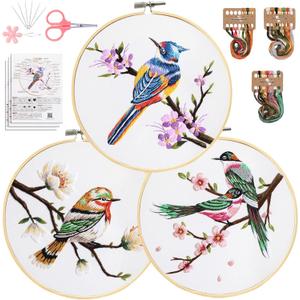 Santune 3 Pack Embroidery Kit for Beginners, Needlepoint Kits for Adults,Needle Point Sets with Stamped Hummingbird Pattern Stitch Video Tutorial