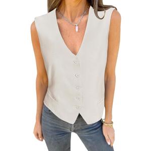luvamia Womens Vests Linen Fashion Dressy Casual Lightweight Button Down Sleeveless Blazer Lined Work Waistcoat Vest Top (X-Large, Coconut Milk)