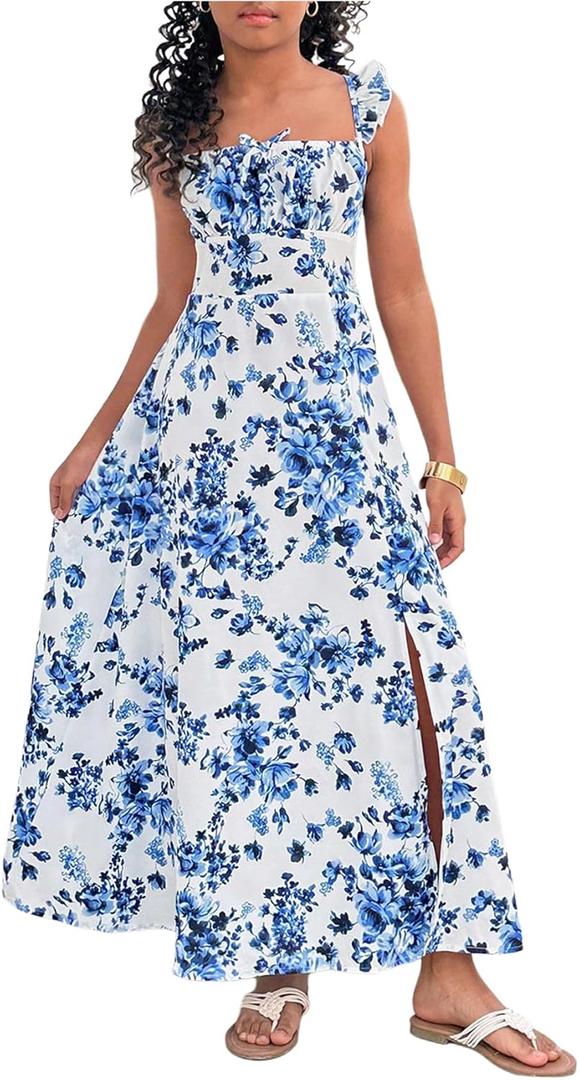 Girl's Floral Cami Maxi Dress Split Thigh Sleeveless Shirred Flowy Dresses (Blue and White)