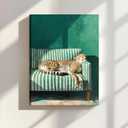 Trendy Leopard Wall Art Sleeping Cheetah on Green Striped Sofa Canvas Print, 24"L x 16"W
