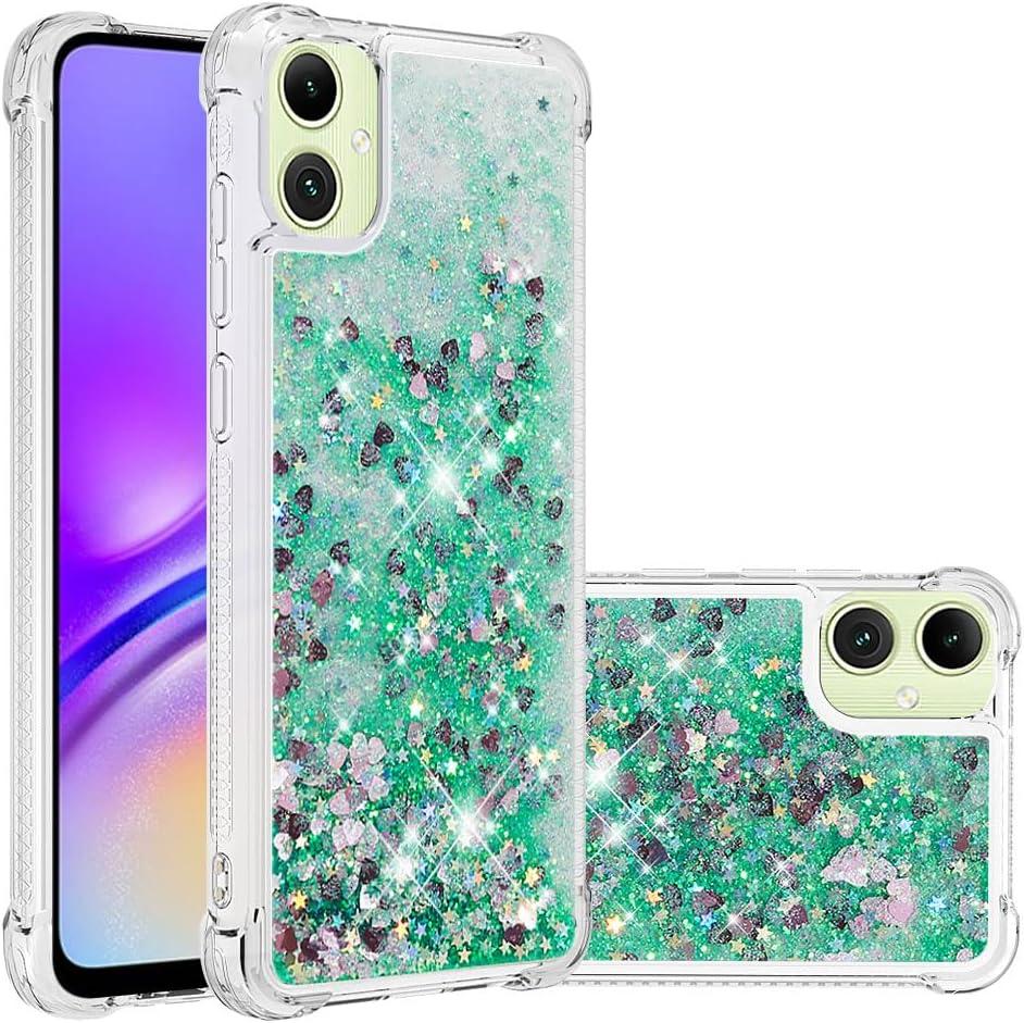 Case for Samsung Galaxy A05, Glitter Liquid TPU Cover Clear Flowing Quicksand with Anti-Fall Bumper Corner Shockproof Protection Women Girly Case for Galaxy A05 Green Love LSYB
