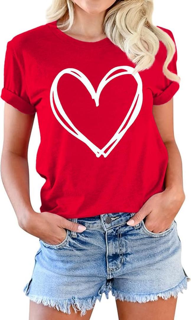 Beopjesk Womens Valentine's Day Graphic Tees Short Sleeve Heart Printed Shirts Blouse Tops (M, Red 1)