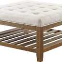 24KF Large Square Upholstered Tufted Linen Ottoman Coffee Table, Large Footrest Ottoman with Solid Wood Shelf-Ivory, 33.5"D x 33.5"W x 18"H