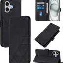 for iPhone 17 Leather Case, Geometric Patterns Wallet Case with 3 Card Slots, Magnetic Closure Kickstand Flip Phone Case Shockproof Cover, Black