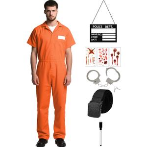 8Pcs Prisoner Costume Halloween Orange Prison Jumpsuit Costume the Inmate Prisoner Outfit Set Men and Women (Large)