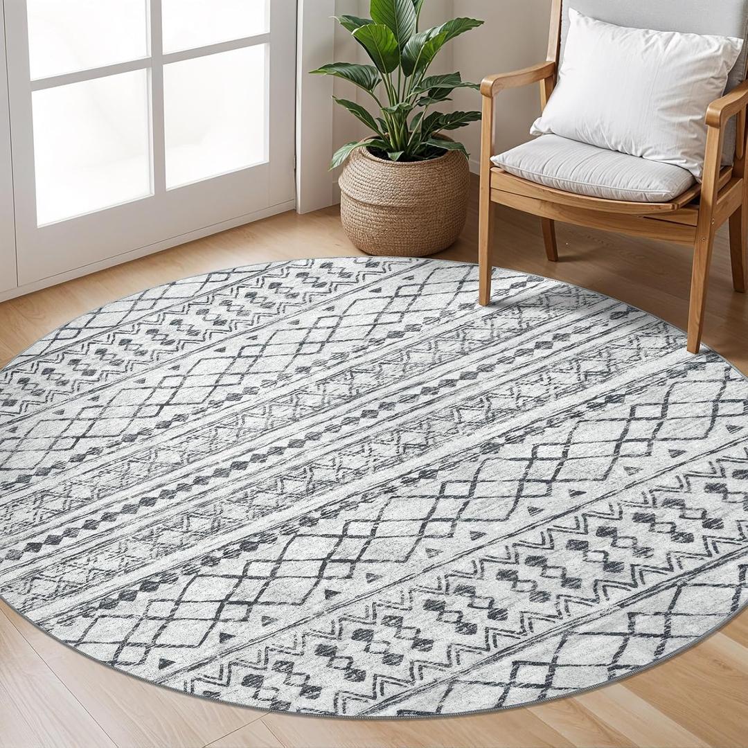 KUTA Boho Round Washable Rugs 5Ft Grey Moroccan Circle Area Rug Non-Slip Soft Distressed Geometric Carpet for Living Room Bedroom Low-Pile Entry Throw for Nursery Dorm Decor