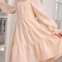 blibean Girls Cotton Long Sleeve Dresses Ruffled Boho Tiered Dress Size 6-15 Years (Beige, L)