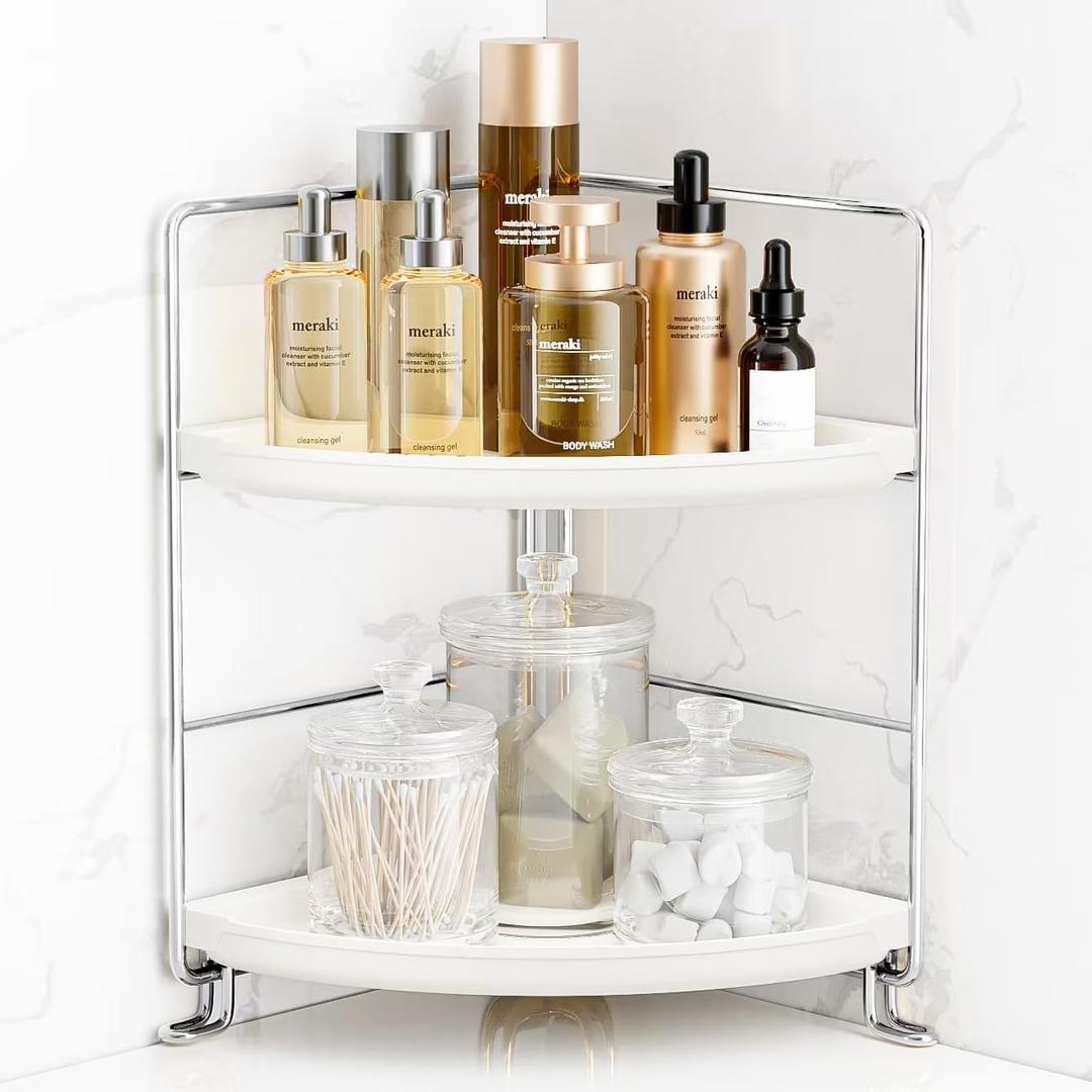 FSyueyun 2-Tier Corner Bathroom Counter Organizer, Tool-Less Installation Vanity Shelf Small Plastics Countertop Makeup Tray Skincare Perfume Organizers (Silver)