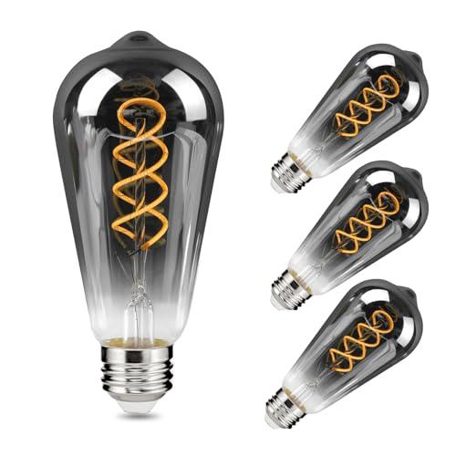 Decoaui E26 ST64 Vintage Edison Light Bulbs, Smoky Grey Coated Glass, Dimmable, 4W(20W Equivalent) 150 Lumens, 2700K Soft White, Spiral Filaments Design, Antique Style, 25000 Hrs, 3-Pack