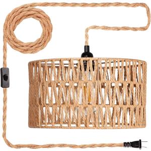 Rattan Hanging Lights with Plug in Cord - Wicker Bohemian Hanging Light - Boho Chandelier Pendant Light Fixture - Hand Woven Cage Shade - Outdoor Farmerhouse Rattan Plug in Pendant Light (Model-2)