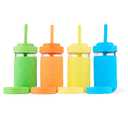 Elk and Friends Kids + Toddler Glass Cups | The Original 12oz Glass Mason Jar with Sleeves + Lids | Silicone Straws + Stopper | Smoothie Cup | Food Storage | Spill Resistant | Dishwasher Safe | 4 Pack