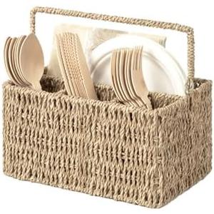 StorageWorks Wicker Flatware Organizer, Hand Woven Seagrass Cutlery Holder for Countertop with Handle, 1 Pack